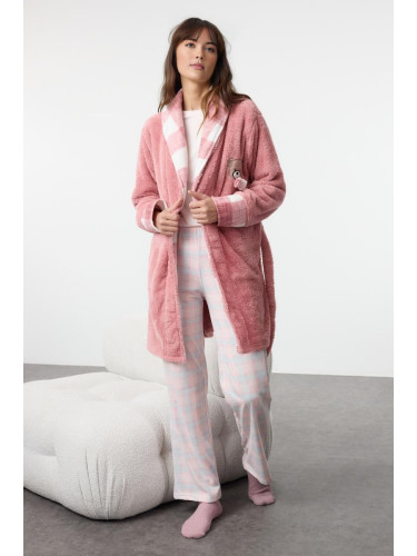 Trendyol Dusty Rose Belted Teddy Bear Embroidered and Plaid Winter Wellsoft Knitted Dressing Gown