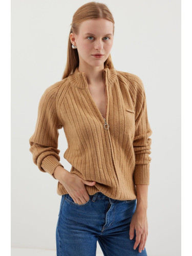 Bigdart 15880 Zippered Knitwear Cardigan - Biscuit