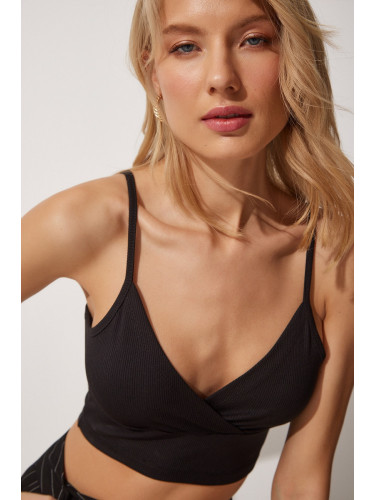 Happiness İstanbul Women's Black Straps Crop Knitted Bustier