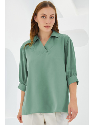 Bigdart Women's Green Shirt Collar Satin Blouse 0493