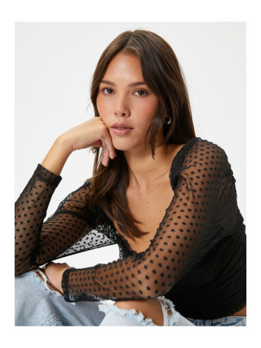 Koton Crop Lace Blouse Square Neck Draped Slim Fit