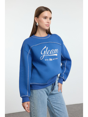 Trendyol Indigo Slogan Printed Oversize/Wide Pattern Thick Inside Polar Fleece Knitted Sweatshirt