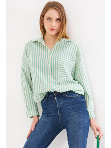 armonika Women's Green Striped Long Sleeve Pocket Detailed Pleated Oversize Shirt