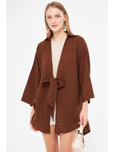 armonika Women's Brown Self-Striped Front Tie Kimono Shirt