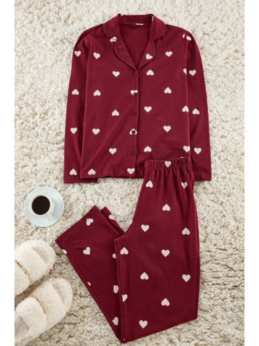 Trendyol Claret Red 100% Cotton Heart Patterned Knitted Pajama Set