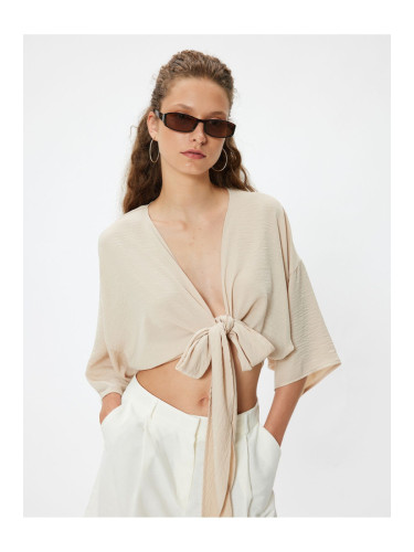 Koton Crop Top V-Neck Tie Detailed Oversize Kimono Sleeve