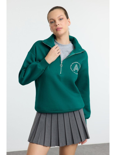 Trendyol Emerald Green Slogan Printed Oversize/Wide Fit Thick Inside Fleece Knitted Sweatshirt