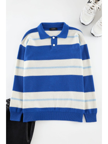 Trendyol Saks Oversize Polo Collar Striped Knitwear Sweater