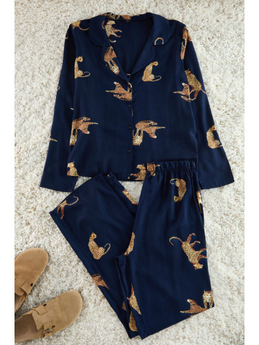 Trendyol Navy Blue Tiger Patterned Viscose Woven Pajama Set