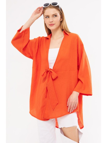 armonika Women's Orange Linen Look Front Tie Kimono Shirt