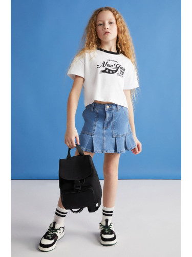 GRIMELANGE BITTEN-GRM24024 Girls Black T-Shirt with 100% cotton printed and contrast color collar short sleev