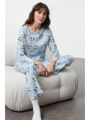 Trendyol Blue 100% Cotton Panda Patterned Knitted Pajama Set