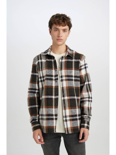 DEFACTO Men's Regular Fit Regular Cut Polo Collar Plaid Lumberjack Flannel Long Sleeve Shirt