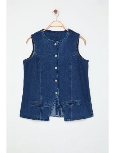 Trendyol Curve Blue Crew Neck Plus Size Denim Vest