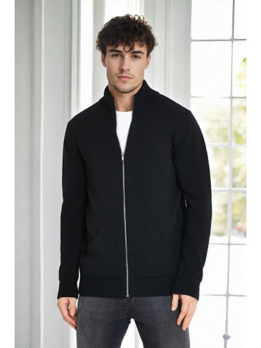 83582 Dewberry Zippered Knitwear Mens Cardigan with Pocket-BLACK