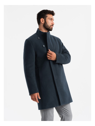 Ombre Men's coat with asymmetrical fastening and high collar - navy blue