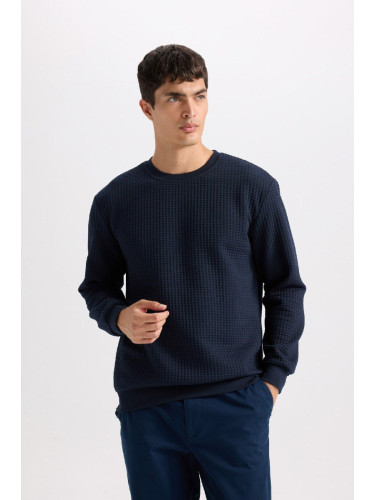 DEFACTO Men's Navy Blue Regular Fit Crew Neck Jacquard Sweatshirt