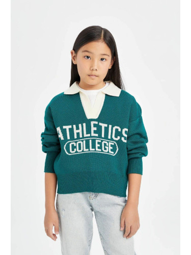 DEFACTO Girl Green Regular Fit Polo Collar Text Patterned Knitwear Sweater