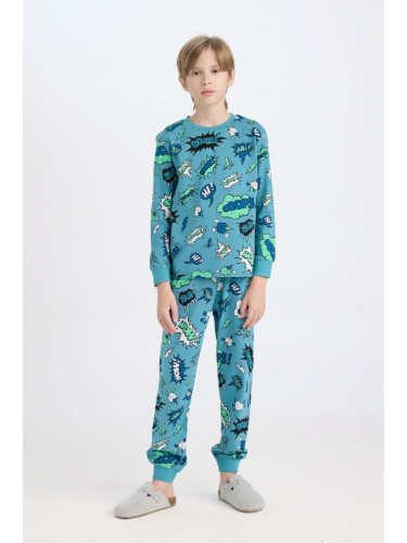 DEFACTO Boy's Patterned Long Sleeve Top Elastic Waist Long Pajama Set