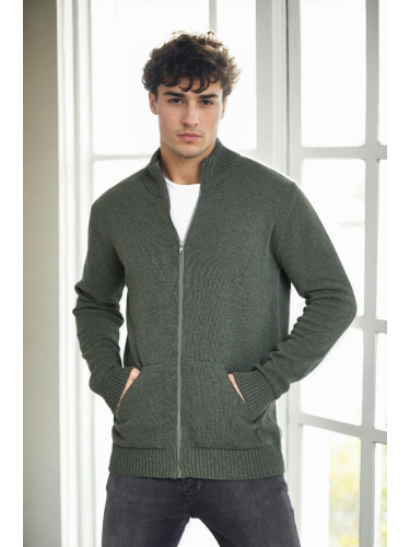 83582 Dewberry Zippered Knitwear Mens Cardigan with Pocket-Khaki