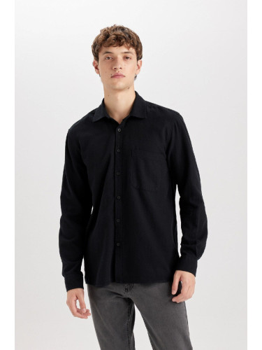 DEFACTO Men's Black Regular Fit Regular Cut Cotton Basic Plain Long Sleeve Black Shirt