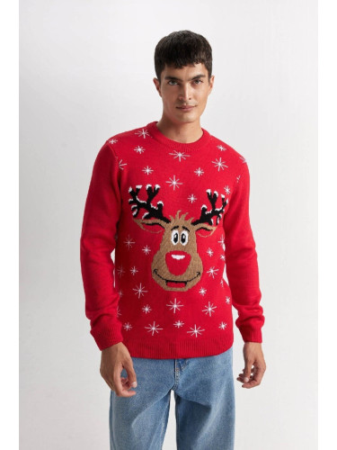 DEFACTO Red Standard Fit Crew Neck Christmas Themed Knit Sweater