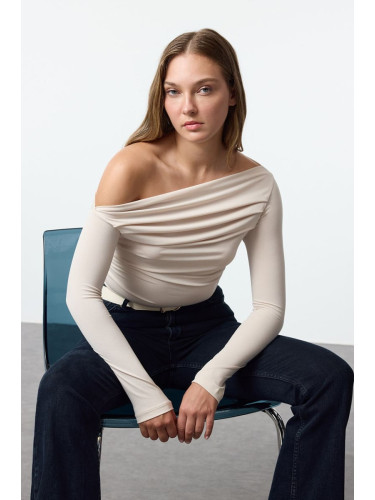 Trendyol Stone Gather/Drape Detailed Fitted/Body-Smoothing Long Sleeve Flexible Knitted Blouse