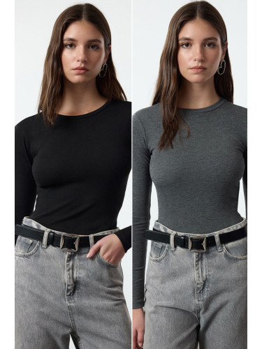 Trendyol Black-Anthracite Double Pack Crop/Short Fitted/Fitting Knitted Blouse