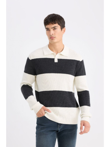 DEFACTO Standard Fit Polo Collar Striped Knit Sweater