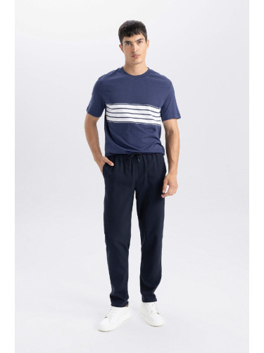 DEFACTO Basic Straight Elastic Waist Lace Up Pocket Jogger Straight Leg Navy Blue Trousers