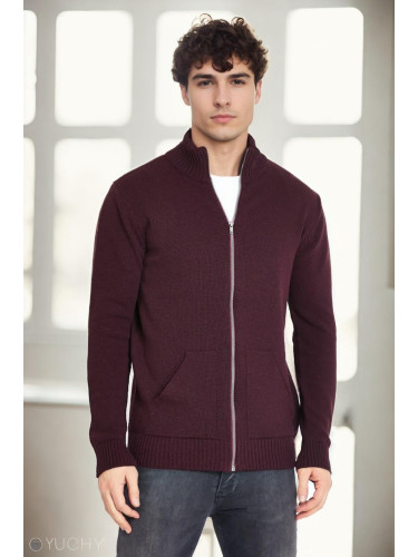 83582 Dewberry Zippered Knitwear Mens Cardigan with Pocket-BORDO