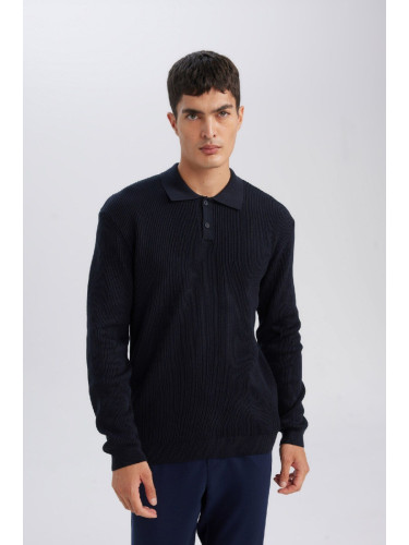 DEFACTO Navy Blue Standard Fit Polo Collar Buttoned Knitwear Sweater