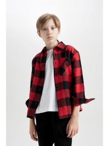 DEFACTO Boy Oversize Fit Wide Pattern Polo Collar Cotton Long Sleeve Plaid Shirt