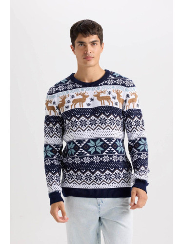 DEFACTO Men's Standard Fit Crew Neck Christmas Themed Knitwear Sweater