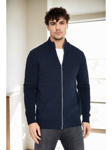 83582 Dewberry Zippered Knitwear Mens Cardigan with Pocket-NAVY