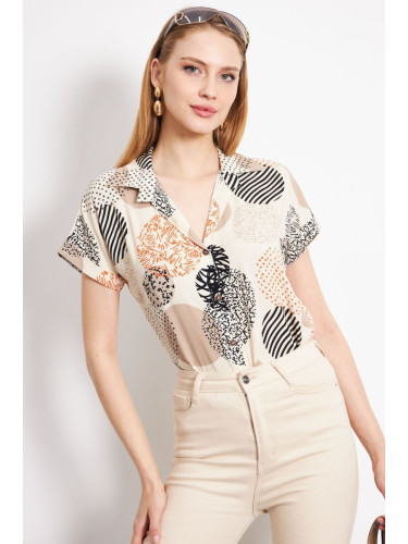 armonika Women's Light Beige Patterned Short Sleeve Shirt