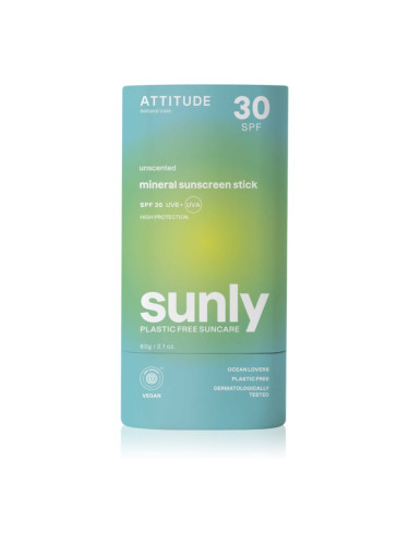 Attitude Sunly Sunscreen Stick слънцезащитен минерален крем в стик SPF 30 Unscented 60 гр.