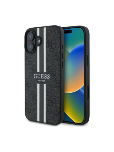 Оригинален кейс Guess 4G Printed Stripes MagSafe, За iPhone 16 (6.1), Черен