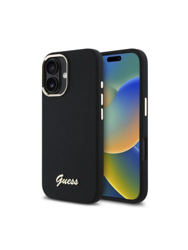 Оригинален кейс Guess Silicone Script Metal Logo and Frame, За iPhone 16 (6.1), Черен