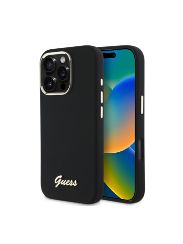 Оригинален кейс Guess Silicone Script Metal Logo and Frame, За iPhone 16 Pro (6.3), Черен