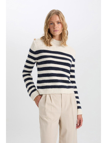 DEFACTO Regular Fit Soft Textured Crew Neck Button Detail Striped Sweater