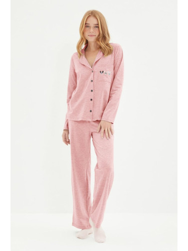 Trendyol Pink Piping and Pocket Detailed Printed Knitted Pajama Set