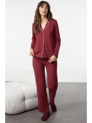 Trendyol Burgundy Piping Detailed Knitted Pajama Set