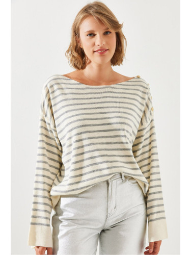 Bianco Lucci Women's Striped Shoulder Buttoned Sweater