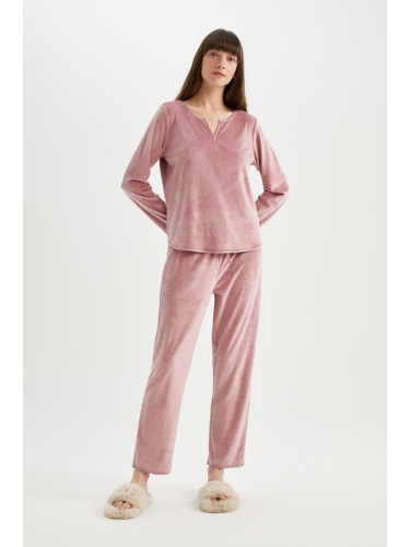 DEFACTO Fall In Love Pajama Set V Neck Velour Long Sleeve Top Elastic Waist Bottom