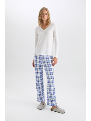 DEFACTO Fall In Love Pajama Set V Neck Long Sleeve Basic Plain Top Plaid Elastic Waist Bottom