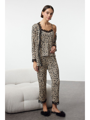 Trendyol Leopard 3-Pack Tie and Lace Detailed Ribbed Knitted Pajama Set