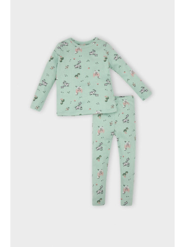 DEFACTO Baby Girl Animal Patterned Ribbed Camisole Long Sleeve Top Long Bottom Pajama Set