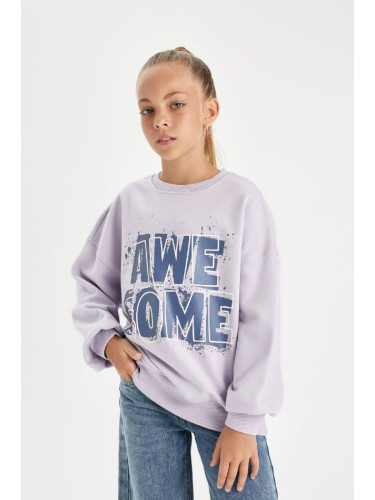 DEFACTO Girl Lilac Oversize Fit Wide Mold Crew Neck Slogan Printed Sweatshirt