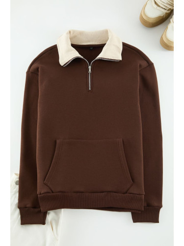 Trendyol Brown Oversize/Wide Cut Stand Collar Thick Sweatshirt